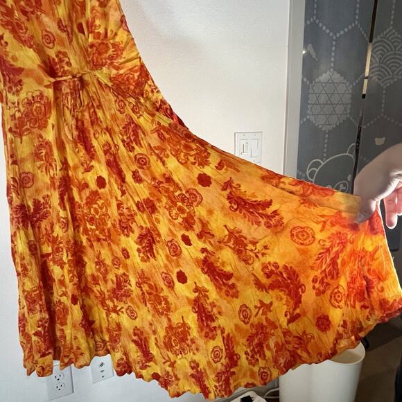 La D'Da Vtg Midi Dress S Crinkled Rayon Orange Floral Sleeveless Flowy Summer - Picture 5 of 8